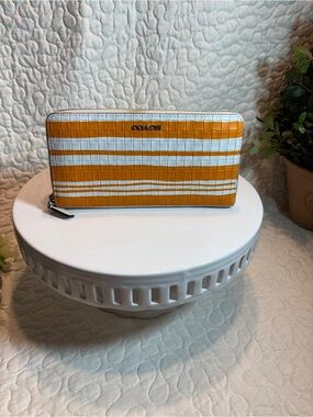 Coach Orange & White Striped Zip Wallet